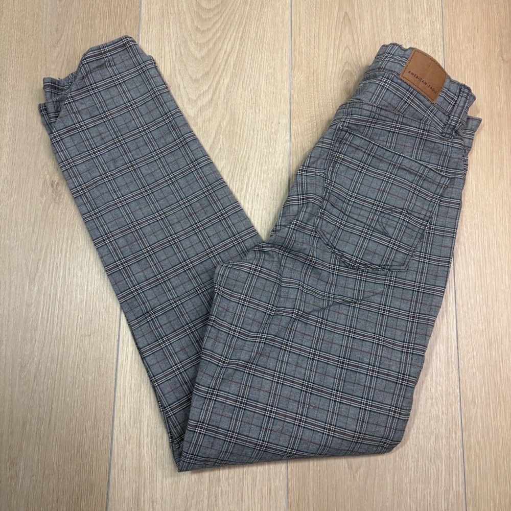 American Eagle Grey Plaid Stretch High Rise Slim Straight Pants Womens 0 Regular